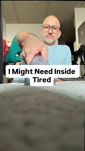 I Might Need Inside Tires Video description: this video starts with Spencer, sitting on the ground with his wheelchair behind him talking directly to the camera. He then shows how the two little wheels on the front of his wheelchair are making stains on the carpet in the living room. Then in a series of montage clips, he’s seen filling up a bucket in the kitchen sink, carrying it back to the vacuum, pouring and cleaning solution, putting it in the vacuum. Then he plugs in the vacuum, removes the