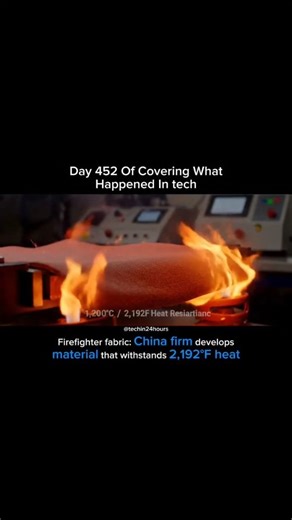 Tech in 24 hours on Instagram: "A Chinese company has developed a revolutionary fire-resistant fabric capable of withstanding temperatures up to 1,000°C, aiming to enhance firefighter suits. This innovation improves firefighter safety and performance during extreme fire conditions, setting a new benchmark for protective clothing technology within the industry. #tech #technology #technologynews"