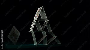 Pyramid house of playing cards falling down shooting with high speed camera, phantom flex.