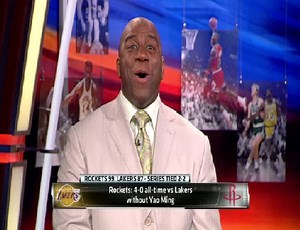 Magic Johnson Pissed At Lakers Losin Against The Rockets On Game 4 In The NBA Playoffs Without Yao Ming!
