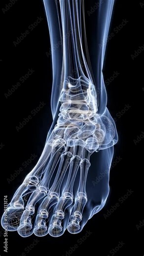 X-ray image showing detailed skeletal structure of human foot and ankle bones.