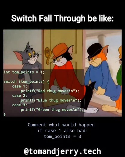 Tech with Tom & Jerry on Instagram: "Most beginners think switch works like multiple if checks, but that’s not how C actually executes it. In C and C++ a switch jumps to the matching case once and then keeps executing line by line until it hits a break or the block ends. This behavior is called switch fall through, and it’s not a bug. It’s a real language feature used intentionally in production systems, game engines, parsers, protocol handlers, and embedded software. When fall through happens, 