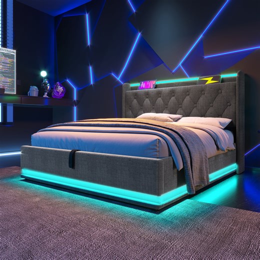 LED Queen Bed Frame with USB Type-C Charging,PU Leather Upholstered Platform Bed Frame with Wingback Headboard,Remote Control,Lift up Storage,Gray