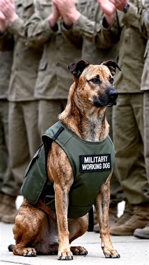 A Mountain Cur wearing a vest labeled “Military Working Dog” sitting calmly as troops applaud