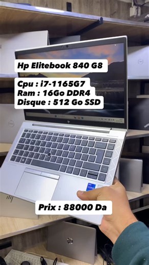GAB INFORMATIQUE on Instagram: "📌 HP ELITEBOOK 840 G8 i7 11th / 16 Go/ 512 Go Disponible Chez @gab.informatique 🇩🇿 ❇️Écran: Écran Full HD de 39,6 cm (14 pouces) de diagonale (1920 x 1080), IPS, micro-bords, antireflet, 250 nits, 45 % NTSC 3 4 5 ❇️Processeur: Intel® Core™ i7-1165G7 Processor 12M Cache, up to 4.70 GHz ❇️Mémoire: 16Go DDR4 3200MHz ❇️Stockage: 512 Go SSD NVMe M.2 PCIe ❇️Carte Graphique : Intel IRIS Xe Graphique ❇️Clavier : QWERTY Lumineux ❇️ Etat : 9.5/10 PRIX : 88000 Da💰 🧾Gara