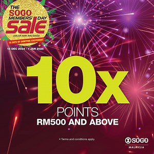 🎉 The Ultimate Shopping Spree Awaits! 🎉 The SOGO Members' Day Sale is here with exclusive perks just for you: ✨ Earn up to 10x Reward Points ✨ Double your points with a minimum daily spending of RM1,500 ✨ FREE coupons for Cosmetics and Fragrance ✨ RM5 instant rebate when you download the MySOGO App 🛍️ Don’t wait—shop today and make the most of these amazing deals! Terms and conditions apply. Not a SOGO member yet? Just download MySOGO App @ bit.ly/MySOGOMobApp Click for more info bit.ly/sogo-