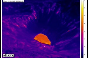Watch the changes unfold in Halema'uma'u crater. This animated image file (GIF) includes a series of webcam images—about one image every two hours—from the Hawaiian Volcano Observatory's F1cam thermal webcam located on the western rim of Halema‘uma‘u crater, at Kīlauea summit. The images start at 12:00 a.m. HST on December 20, 2020, and show the last few hours of the summit water lake prior to the start of the eruption at approximately 9:30 p.m. that night. The final image was taken at 2:00 p.m.