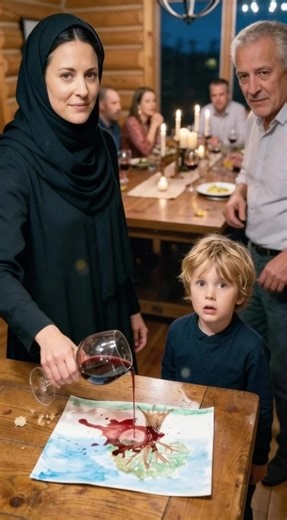 My sister poured a glass of wine all over my six-year-old son’s birthday painting while everyone around us laughed. My mom rushed to save the tablecloth—not my child. I stayed quiet, until my dad suddenly stood up, took off his wedding ring, and dropped it into the red wine spreading across the picture. Then he took out an old leather notebook he had been hiding for years… and ten minutes later… Jacob sat at the end of the table, his little legs swinging and his shoulders bent forward as he focu