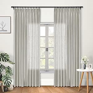 Macochico 120W x 96L Inch Extra Wide Faux Linen Curtains Pinch Pleated Room Darkening Drapes Panel for Living Room Family Room Dining Room Kid Room Library, Sand White, 1 Panel