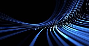 Descending and expanding stream of moving blue lines on black background. Abstract animation.