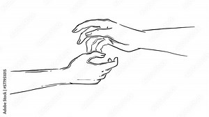 Sketch of two human hands reaching towards each other in close-up. Black ink graphic elements. Hand drawn footage. Outline concept. Monochrome clip-art. Animation with alpha channel