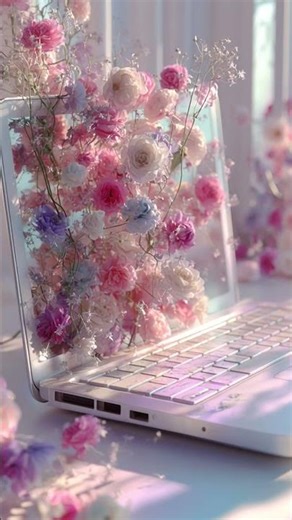 a modern silver laptop on a minimal white desk, from the keyboard and screen beautiful colorful f...