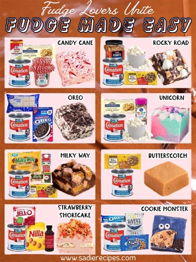 🍫✨ Fudge Made Easy! ✨🍬 Creamy, sweet, and melt-in-your-mouth — these no bake fudge recipes are the ultimate quick fix for your sweet cravings. Perfect for holidays, parties, or just a cozy night treat. 🥰 1️⃣ Rocky Road Fudge Ingredients: 3 cups semi-sweet chocolate chips 1 (14 oz) can sweetened condensed milk 2 cups mini marshmallows 1 cup chopped walnuts Instructions: 1️⃣ Line an 8x8 pan with parchment paper. 2️⃣ Melt chocolate chips and condensed milk in microwave until smooth. 3️⃣ Stir in 