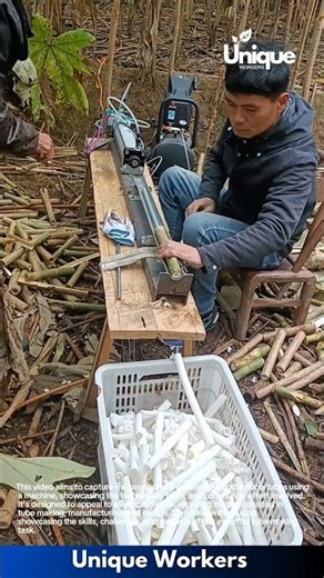 Bamboo tubes: a person making bamboo tubes using a machine