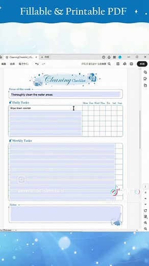Editable Cleaning Checklist, Weekly Cleaning Planner Printable, Fillable Cleaning Schedule, PDF 4 Pages This cleaning checklist streamlines your daily routine, ensuring a pleasant day every day. It is designed for planning tasks on a weekly and monthly basis. Fill out the checklist with a PDF editor or directly in your browser on any device. The light blue sections indicate fillable fields, simplifying task input and eliminating the need for handwritten entries. Alternatively, print it out and f