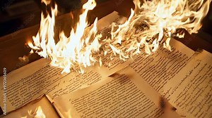 fire, sheets of paper with handwritten text are burning on the table