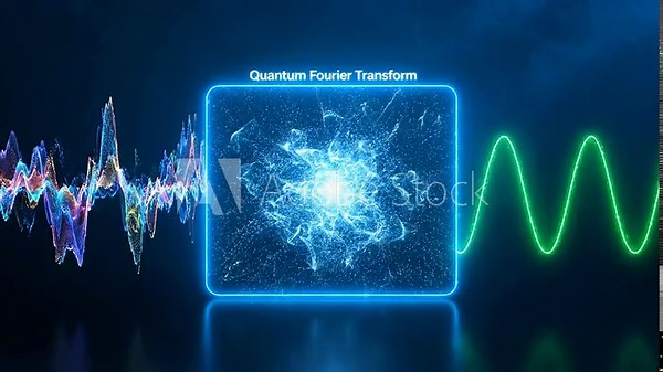 Quantum arbitrage paths are visualized as complex data transforms within a luminous Quantum Fourier Transform, converting intricate signals into clear, pure sine waves in an scientific illustration.
