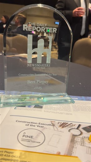 Congratulations to our very own Bert Pieper — The Daily Reporter’s Newsmaker Construction Executive of the Year! Bert was recognized tonight for “not taking the easy route” and for building a business that continues to not just grow, but thrive -focusing every day on the people he can serve and the communities 8PINE. helps build. We couldn’t be prouder to see his vision, leadership, and heart for people celebrated on this scale. Here’s to building better — together. #8PINE #VentureFurther #Leade