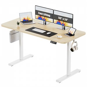 Flycity Electric Standing Desk Adjustable Height Stand Up Desk, 55" x 24" Sit Stand Desk, Low Noise Home Office Desk, Computer Desk with Splice Board, Child Lock & Memory Function, Maple