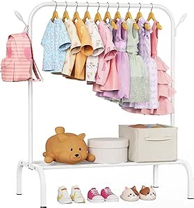 Upgraded Kids Clothing Rack - Dress Up Clothes Rack Baby Toddler Montessori Wardrobe- Small Portable Garment Racks with Storage Shelf and Hooks - for Costumes, Princess Dresses & Shoes, White