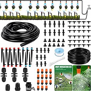 Drip Irrigation Kit, 43m/141ft Garden Watering System with Quick Adapter 1/4 Distribution Tubing Hose Adjustable Nozzle Water Sprinkler No Leaking Automatic Irrigation System Misting for Greenhouse