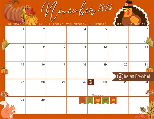 November 2026 Thanksgiving Planner: Editable Printable Calendar (PDF, PNG, JPG) - Etsy