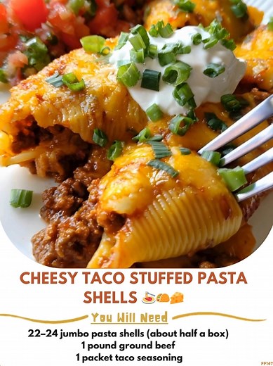 Cheesy 😊 Taco Stuffed Pasta Shells 🍝🌮🧀 Stuffed pasta shells brimming with creamy, cheesy taco filling – a family-friendly comfort meal! Ingredients 22–24 jumbo pasta shells (about half a box) 1 pound ground beef 1 packet taco seasoning ..... Full Recipe in Coʍmеոτ 💬 🌠 | Grandma's Recipes