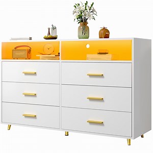 EnHomee Dresser, White Dresser with 6 Deep Drawers, Drawer Dresser with LED Lights, TV Stand Dressers & Chests of Drawers Wood Dresser for Bedroom,Wide Led Dressers,White