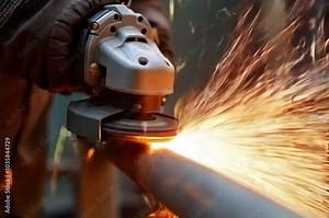 Close-Up Slow Motion of Sparks Flying as an Angle Grinder Cuts Metal Pipe