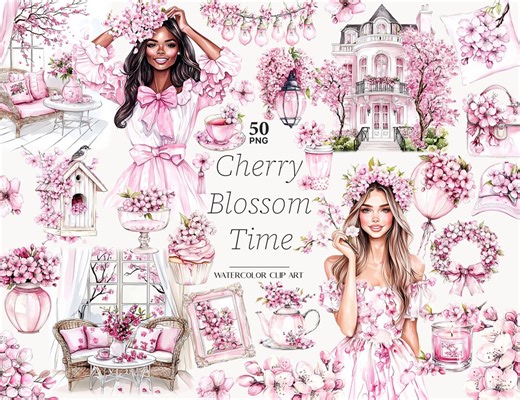 Spring Clipart Cherry Blossom Clip Art Garden PNG Pink Spring Graphics - Etsy