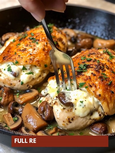 Creamy Mushroom Stuffed Chicken 🍄🧀 Golden, juicy goodness — the ultimate easy dinner recipe! 📝 Ingredients : 4 large boneless, skinless chicken breasts (butterflied for the best stuffed chicken recipe) 1 teaspoon salt ½ teaspoon black pepper 1 teaspoon garlic powder 1 teaspoon Italian seasoning (for that flavor-packed dinner) 2 tablespoons olive oil 2 tablespoons butter 2 cups sliced cremini mushrooms (key to this savory mushroom chicken) 2 cloves garlic, minced 1 cup shredded mozzarella chee