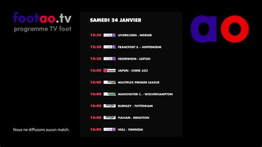 Programme TV foot aujourd'hui ce soir. Foot à la TV ce jour. www.footao.tv Guide télé diffusion match football direct grille chaine télévision retransmission foot live footao #foot #TV #ProgrammeTV #football #télé #télévision #guideTV #grilleTV | Footao .tv Programme TV foot
