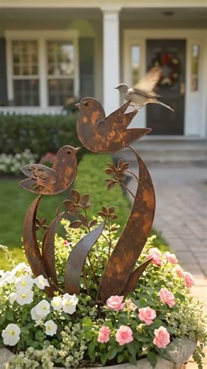 Bird & Wildflower Metal Garden Stake
