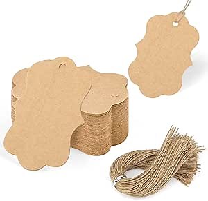 SallyFashion 100pcs Gift Tags with String Attached, 2x2.8 inch Kraft Paper Hang Tags for Clothes DIY Crafts Wedding Holiday (Brown)