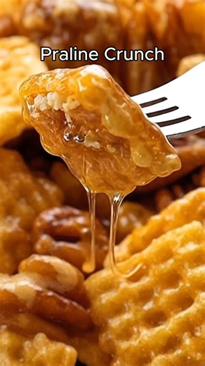 Praline Crunch Ingredients: 8 cups Crispix cereal 2 cups pecan halves 1/2 cup unsalted butter 1/2 cup packed brown sugar 1/2 cup light corn syrup 1 teaspoon vanilla extract 1/2 teaspoon baking soda Instructions: 1. Preheat the Oven Set oven to 250°F (120°C). Line a large baking sheet with parchment paper. Time: 5 minutes 2. Mix the Base In a large bowl, combine Crispix cereal and pecan halves. Set aside. Time: 2 minutes 3. Make the Caramel In a medium saucepan over medium heat, melt butter. Stir