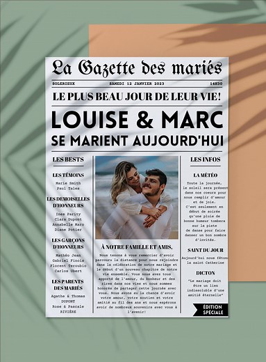 🌟 GAZETTE DES MARIÉS 🌟 🎉 Vous rêvez d'une gazette de mariage originale et personnalisée pour votre grand jour ? Ne cherchez plus, nous avons le produit idéal pour vous ! 🥰 Notre gazette de mariage est conçue pour apporter une touche unique à votre célébration en partageant des informations détaillées sur vous, les mariés, vos histoires et vos projets d'avenir. Elle offre une manière originale et personnelle de partager votre bonheur avec tous vos invités ! 🖨️ Le format d'impression est en A