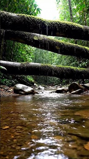 Rainforest Stream Ambience with Gentle Rain Dripping Over Mossy Fallen Logs #shorts