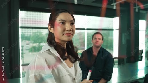 Young confident businesswoman present project to expert investor. Professional project manager uses sticky notes to explain startup project, sharing brainstorming ideas to investor. Manipulator.