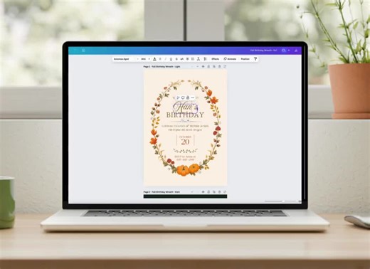 Fall Birthday Invitation Canva Template | Autumn Floral Digital Invite, Customizable Rustic Fall Birthday Party | Instant Download Botanical