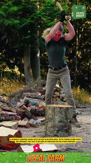 A woman is chopping wood with an axe in an open area