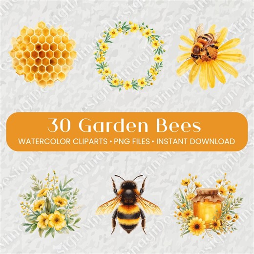 Watercolor Bee Clipart Bundle, 30 Garden Bees PNG, Flower Wreaths, Honeycomb & Hive, Honey, Floral Ornaments, Instant Download - Etsy