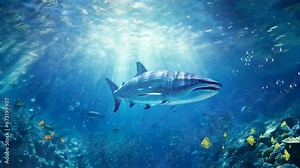 shark in the deep blue sea, seamless looping video animated background
