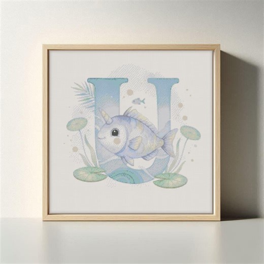 Unicorn Fish Letter U Cross Stitch Pattern | ABC Series Nursery Alphabet Embroidery (PDF/XSD) - Etsy