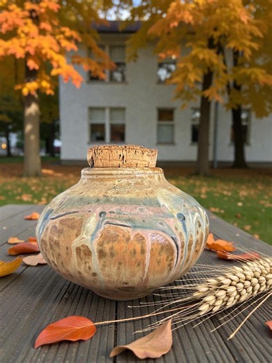 Studio Pottery Pot/container With Cork Lid and Colorful Glaze - Etsy