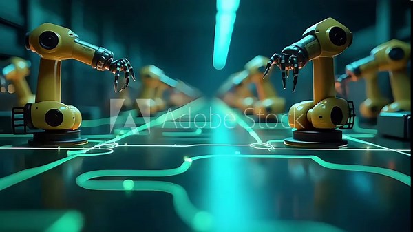 Futuristic AI Integration in Smart Factory with Digital Robotic Connections and Data Streams