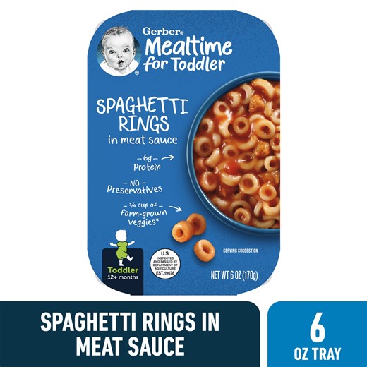 Gerber Mealtime for Toddler, Spaghetti Rings in Meat Sauce Toddler Food, 6 oz Tray