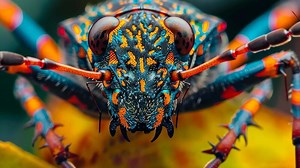 Close-up of a vibrant bug showcasing intricate patterns and bright colors, mesmerizing, Ai Generated.