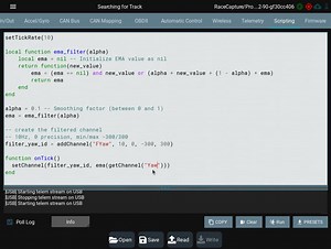 Here's a demo of how to use a Lua script to apply a low pass filter to a data channel. Lua script is in the script presets as well as on our wiki https://wiki.autosportlabs.com/RaceCapturePro_Lua_Scripting_Examples#Filtering_a_channel | Brent Picasso