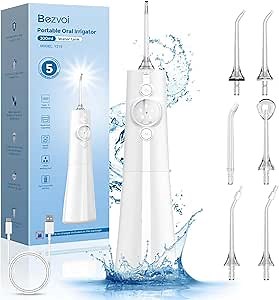 Bezvoi Water Dental Flosser Cordless: Professional Water Floss Teeth Pick LED Display 5 Modes, 300ML Water Tank, IPX7 Waterproof Portable Oral Irrigator with 6 Jet Tips for Travel, Home (Pure White)