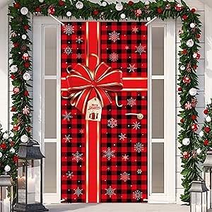 Christmas Door banner Decoration Merry Christmas Buffalo Check Plaid Red and Black Door Banner Backdrop Xmas Gift Box Bowknot Photography Outdoor Sign for Home Wall Indoor Outdoor Party